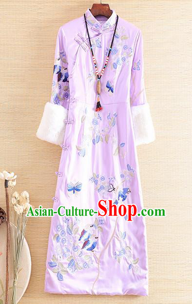 Chinese Traditional Winter Lilac Cheongsam National Costume Embroidered Qipao Dress for Women