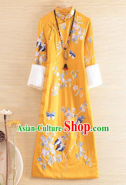 Chinese Traditional Winter Yellow Cheongsam National Costume Embroidered Qipao Dress for Women