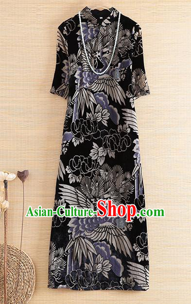 Chinese Traditional Printing Crane Pine Black Cheongsam National Costume Qipao Dress for Women