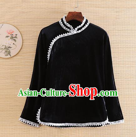 Chinese Traditional Black Velvet Blouse National Costume Qipao Upper Outer Garment for Women