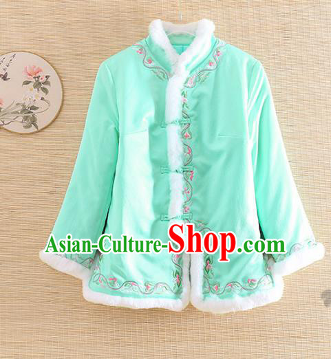 Chinese Traditional Winter Green Jacket National Costume Qipao Upper Outer Garment for Women