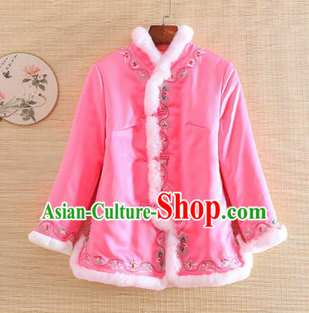 Chinese Traditional Winter Pink Jacket National Costume Qipao Upper Outer Garment for Women