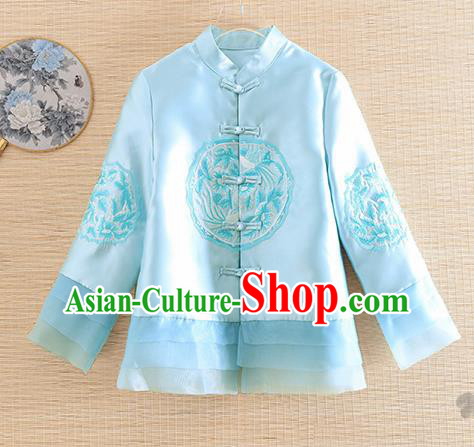 Chinese Traditional Embroidered Blue Jacket National Costume Qipao Upper Outer Garment for Women