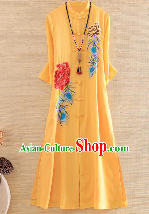 Chinese Traditional Embroidered Phoenix Peony Yellow Cheongsam National Costume Qipao Dress for Women