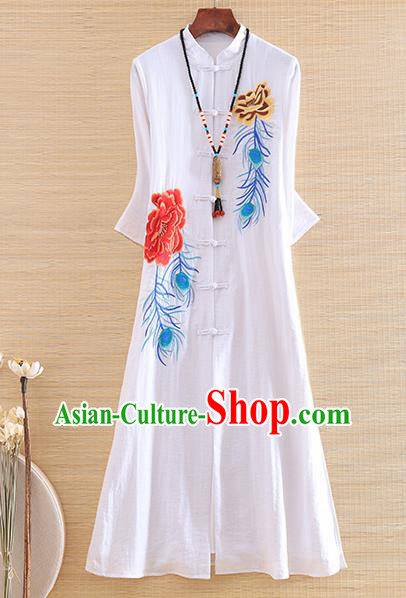 Chinese Traditional Embroidered Phoenix Peony White Cheongsam National Costume Qipao Dress for Women