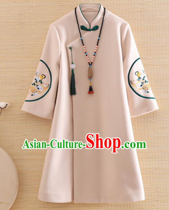 Chinese Traditional Woollen Coat National Costume Qipao Upper Outer Garment for Women