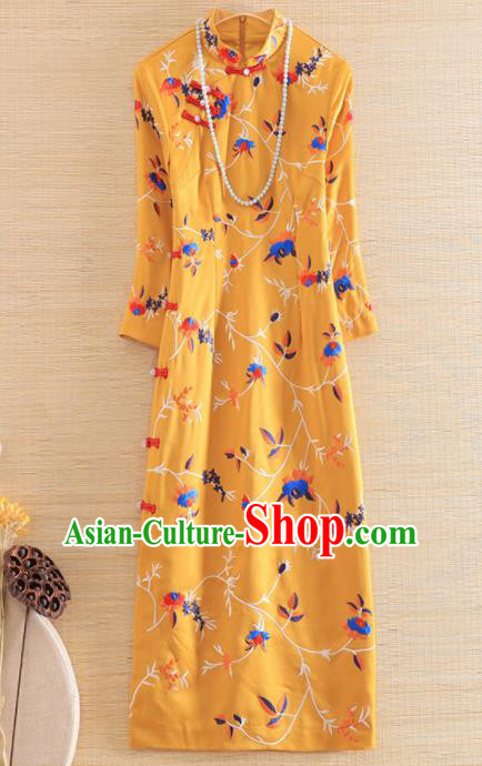 Chinese Traditional Embroidered Flowers Yellow Cheongsam National Costume Qipao Dress for Women