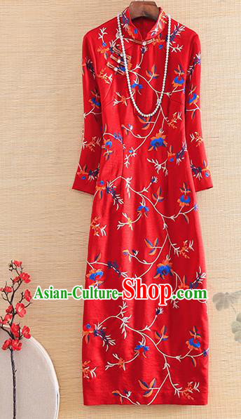 Chinese Traditional Embroidered Flowers Red Cheongsam National Costume Qipao Dress for Women