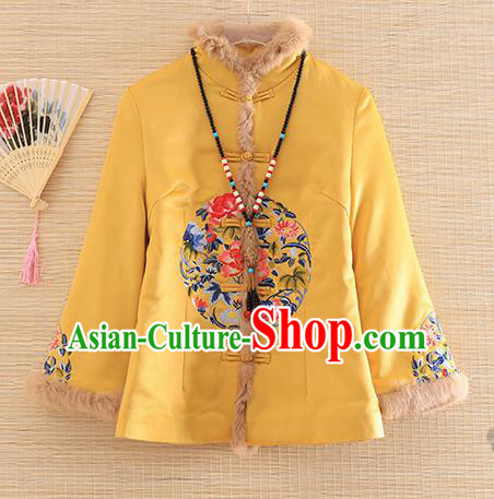 Chinese Traditional Embroidered Peony Yellow Jacket National Costume Qipao Upper Outer Garment for Women