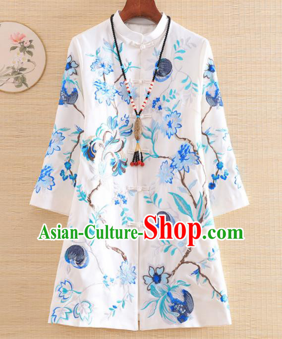 Chinese Traditional Embroidered White Jacket National Costume Qipao Upper Outer Garment for Women
