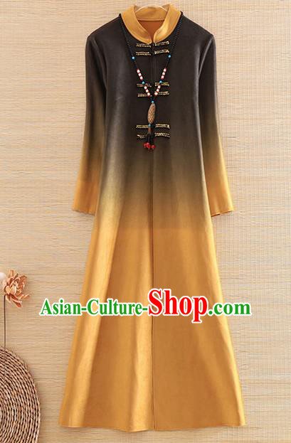 Chinese Traditional Printing Yellow Dust Coat National Costume Qipao Upper Outer Garment for Women