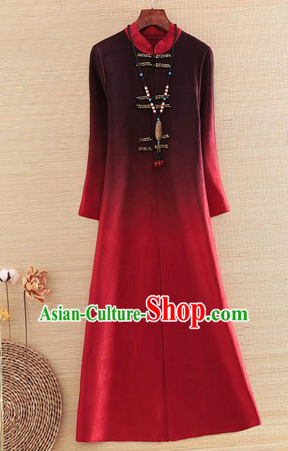 Chinese Traditional Printing Wine Red Dust Coat National Costume Qipao Upper Outer Garment for Women