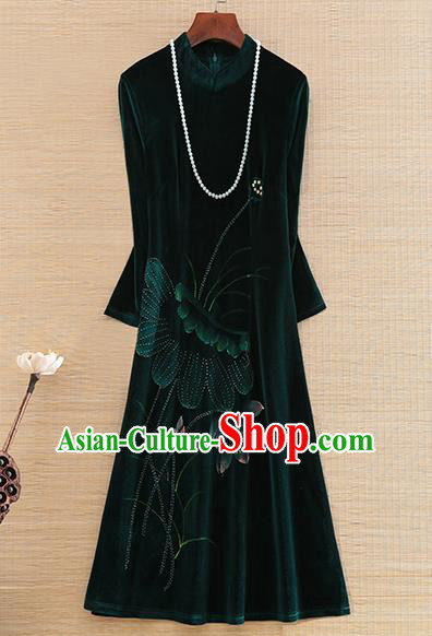 Chinese Traditional Printing Lotus Green Velvet Cheongsam National Costume Qipao Dress for Women