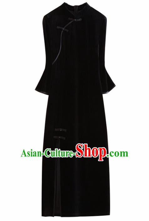 Chinese Traditional Black Velvet Cheongsam National Costume Qipao Dress for Women