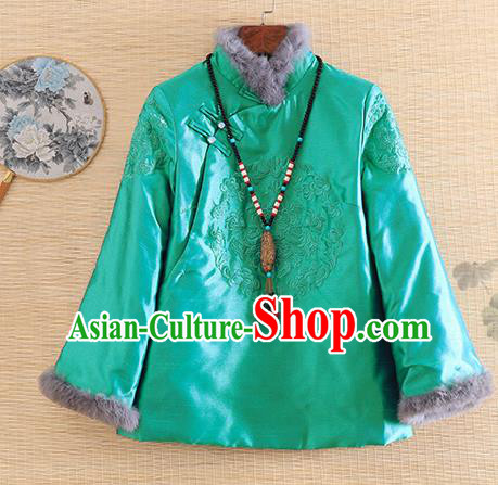 Chinese Traditional Embroidered Green Quilted Jacket National Costume Qipao Upper Outer Garment for Women