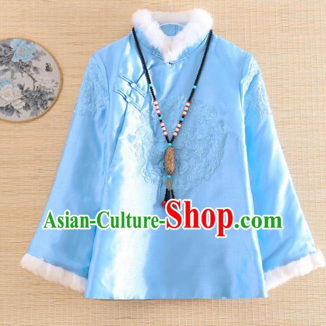 Chinese Traditional Embroidered Light Blue Quilted Jacket National Costume Qipao Upper Outer Garment for Women