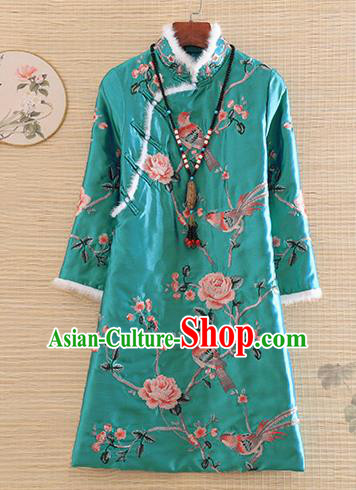 Chinese Traditional Tang Suit Embroidered Green Cotton Padded Coat National Costume Qipao Upper Outer Garment for Women