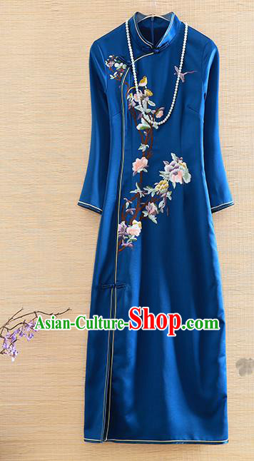 Chinese Traditional Embroidered Peony Royalblue Cheongsam National Costume Qipao Dress for Women