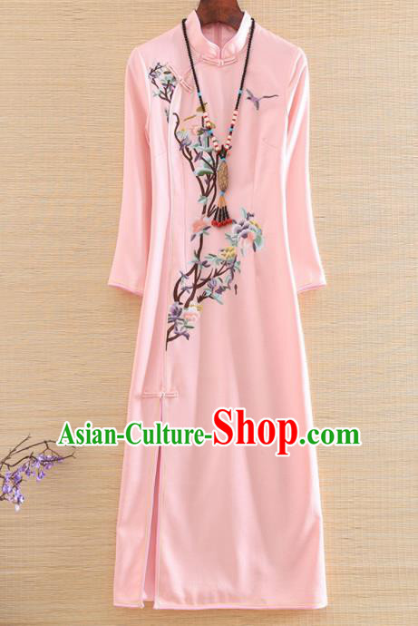 Chinese Traditional Embroidered Peony Pink Cheongsam National Costume Qipao Dress for Women