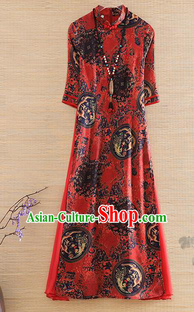 Chinese Traditional Tang Suit Printing Red Cheongsam National Costume Qipao Dress for Women