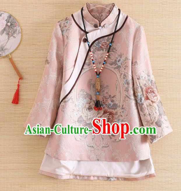 Chinese Traditional Tang Suit Printing Pink Blouse National Costume Qipao Upper Outer Garment for Women