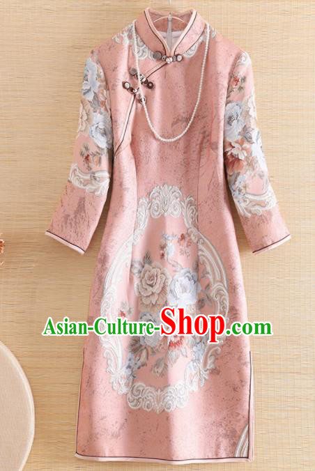 Chinese Traditional Tang Suit Printing Pink Cheongsam National Costume Qipao Dress for Women