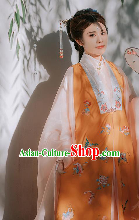 Traditional Chinese Ming Dynasty Historical Costumes Orange Vest Ancient Imperial Consort Hanfu Dress for Women