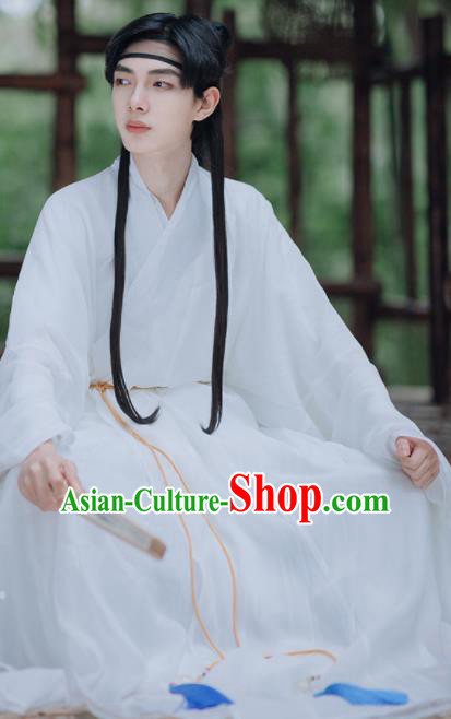 Traditional Chinese Ming Dynasty Taoist Priest White Robe Ancient Civilian Scholar Historical Costumes for Men