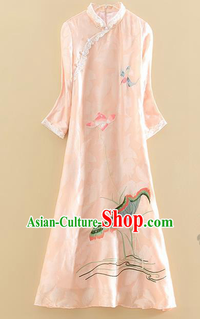 Chinese Traditional Tang Suit Embroidered Lotus Pink Cheongsam National Costume Qipao Dress for Women