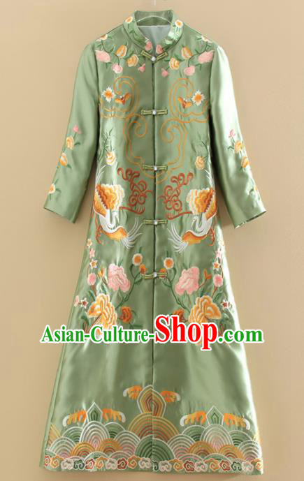 Chinese Traditional Tang Suit Embroidered Peony Crane Green Dust Coat National Costume Qipao Outer Garment for Women