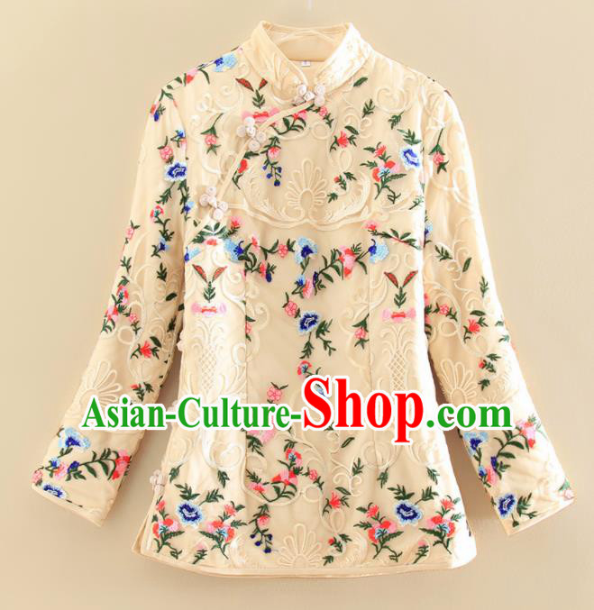 Chinese Traditional Tang Suit Embroidered Beige Shirt National Costume Qipao Upper Outer Garment for Women