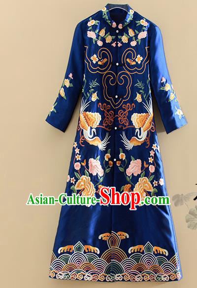 Chinese Traditional Tang Suit Embroidered Peony Crane Royalblue Dust Coat National Costume Qipao Outer Garment for Women