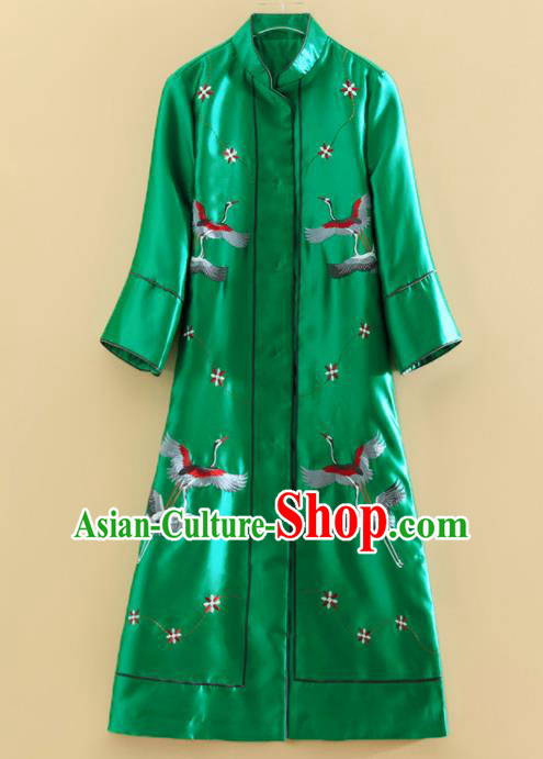 Chinese Traditional Tang Suit Embroidered Cranes Green Dust Coat National Costume Qipao Outer Garment for Women