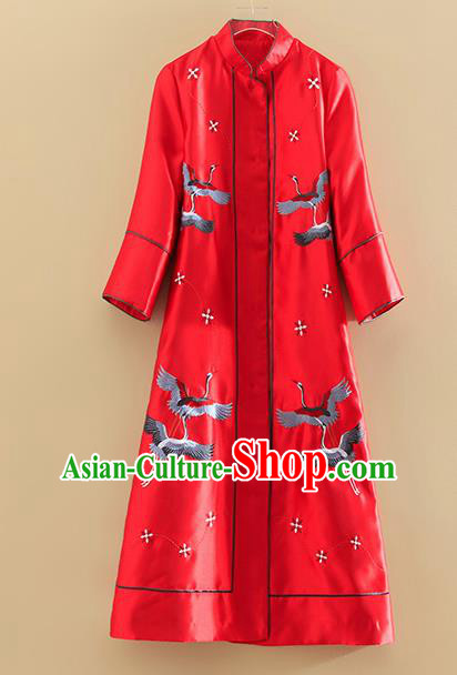 Chinese Traditional Tang Suit Embroidered Cranes Red Dust Coat National Costume Qipao Outer Garment for Women