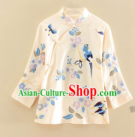 Chinese Traditional Tang Suit Embroidered Beige Shirt National Costume Qipao Upper Outer Garment for Women