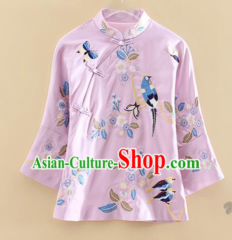 Chinese Traditional Tang Suit Embroidered Purple Shirt National Costume Qipao Upper Outer Garment for Women