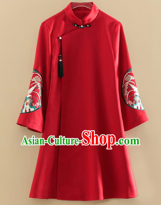 Chinese Traditional Tang Suit Embroidered Red Cotton Wadded Jacket National Costume Qipao Upper Outer Garment for Women