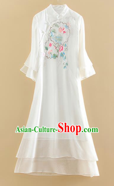 Chinese Traditional Tang Suit Embroidered Chrysanthemum Plum White Cheongsam National Costume Qipao Dress for Women