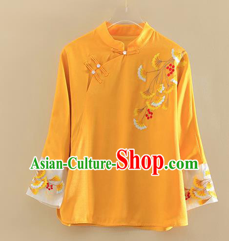 Chinese Traditional Tang Suit Embroidered Ginkgo Leaf Yellow Shirt National Costume Qipao Upper Outer Garment for Women