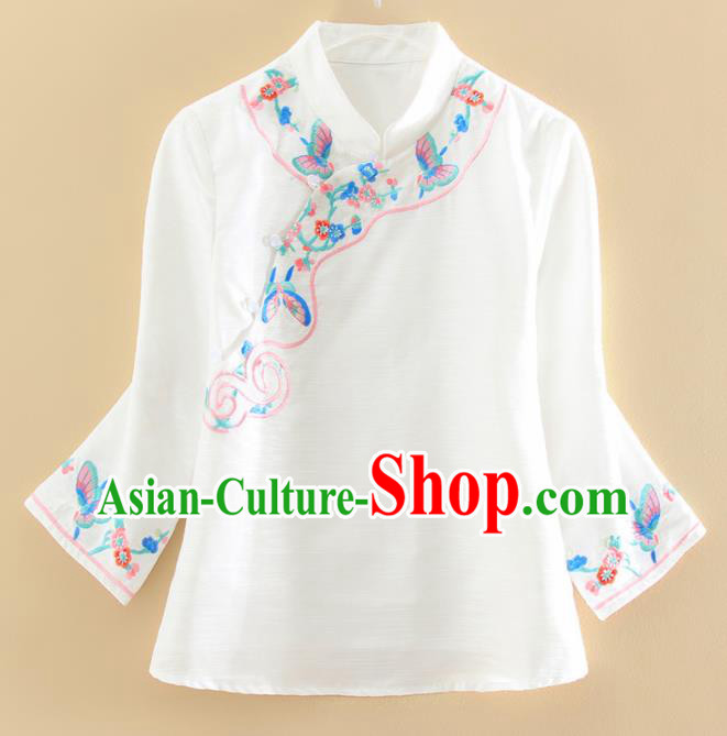 Chinese Traditional Tang Suit Embroidered Butterfly White Shirt National Costume Qipao Upper Outer Garment for Women