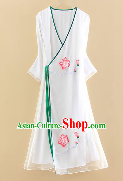 Chinese Traditional Tang Suit Embroidered Lotus White Organza Cheongsam National Costume Qipao Dress for Women