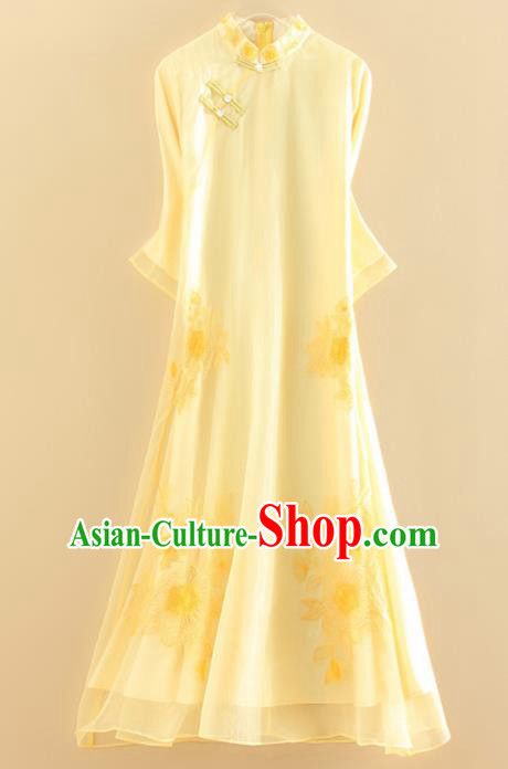 Chinese Traditional Tang Suit Embroidered Flowers Yellow Cheongsam National Costume Qipao Dress for Women