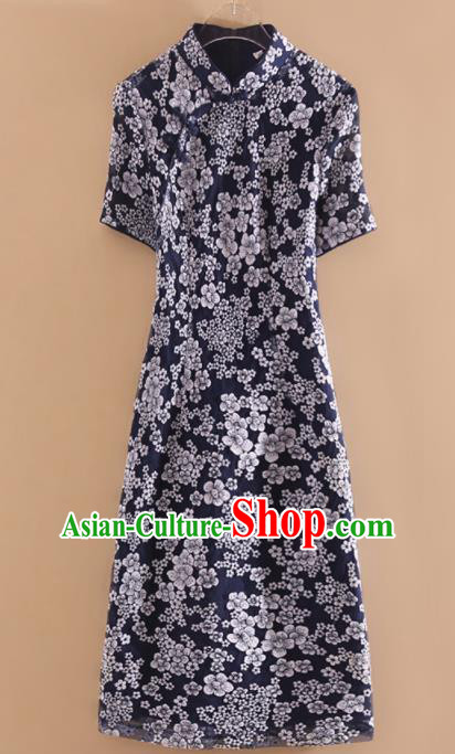 Chinese Traditional Tang Suit Printing Navy Cheongsam National Costume Qipao Dress for Women