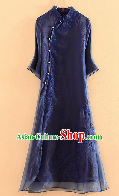 Chinese Traditional Tang Suit Embroidered Navy Organza Cheongsam National Costume Qipao Dress for Women