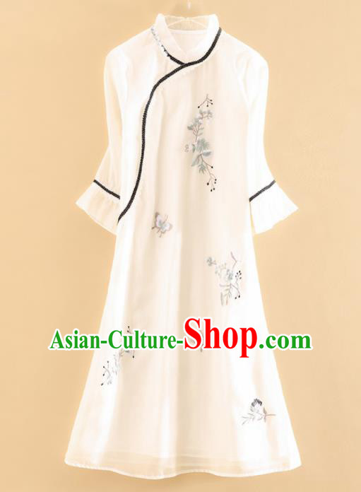 Chinese Traditional Tang Suit Embroidered White Cheongsam National Costume Qipao Dress for Women