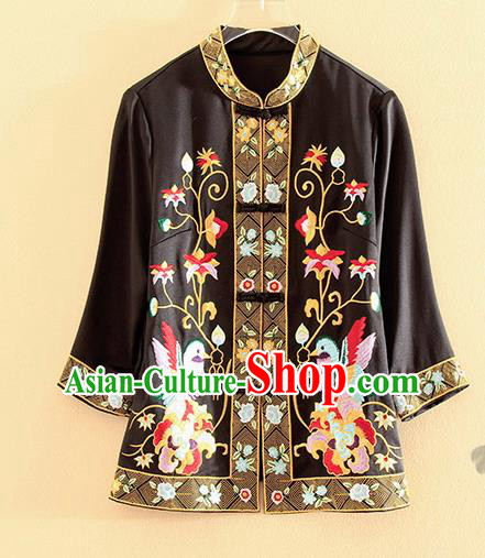 Chinese Traditional Tang Suit Embroidered Birds Black Blouse National Costume Qipao Upper Outer Garment for Women