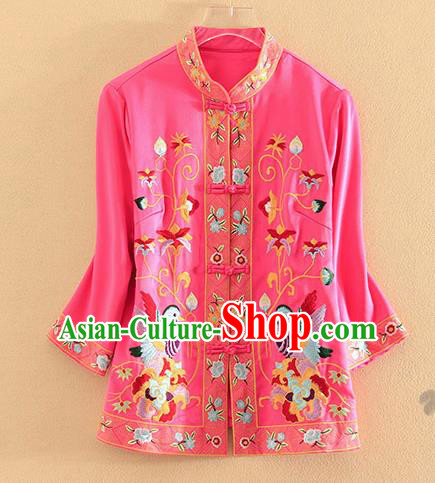 Chinese Traditional Tang Suit Embroidered Birds Rosy Blouse National Costume Qipao Upper Outer Garment for Women