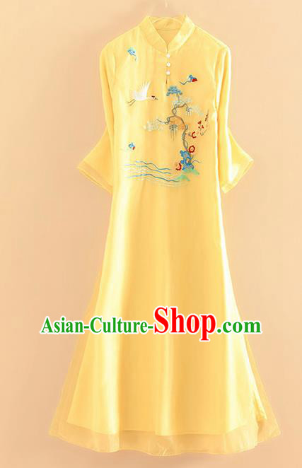 Chinese Traditional Tang Suit Embroidered Crane Pine Plum Yellow Cheongsam National Costume Qipao Dress for Women