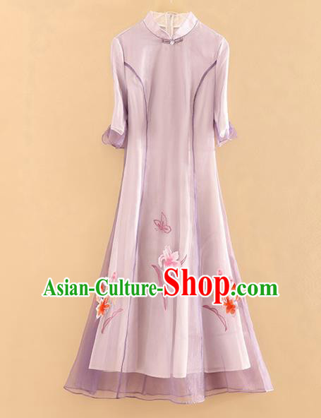 Chinese Traditional Tang Suit Embroidered Lotus Purple Cheongsam National Costume Qipao Dress for Women