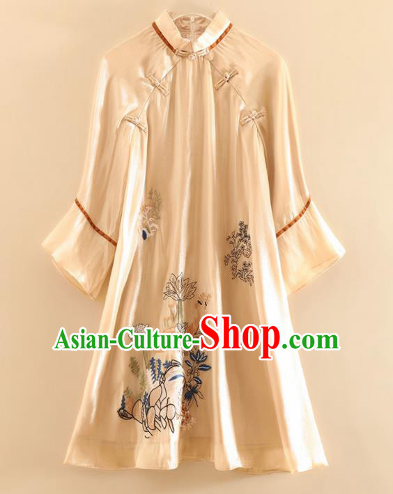 Chinese Traditional Tang Suit Embroidered Lotus Champagne Blouse National Costume Qipao Upper Outer Garment for Women